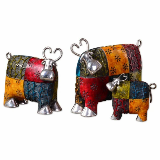 Hot Sale ๐งจ Uttermost 3-piece Colorful Silver Plated Metal Cow Figurine Set ๐ฏ