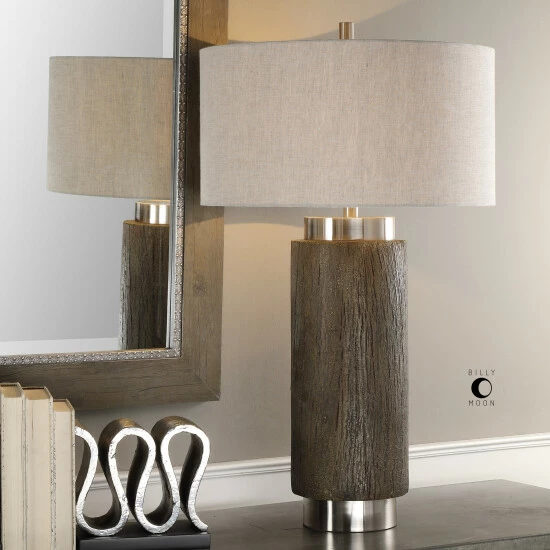 Brand new 🤩 Uttermost Cheraw Brushed Nickel Wood Cylinder Table Lamp 👏
